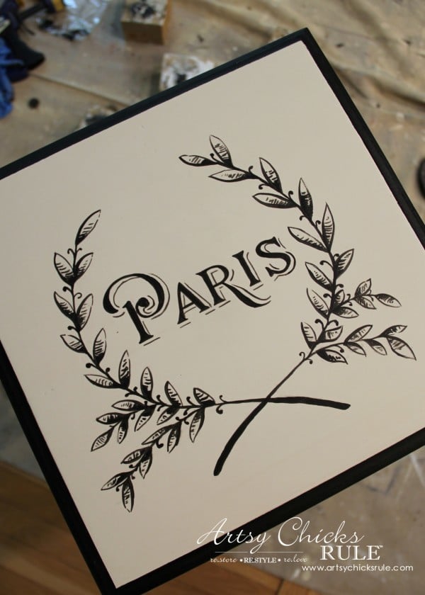 Paris Side Table Makeover - Painted Graphic Before Distressing - #paris #makeover #chalkpaint #milkpaint artsychicksrule.com