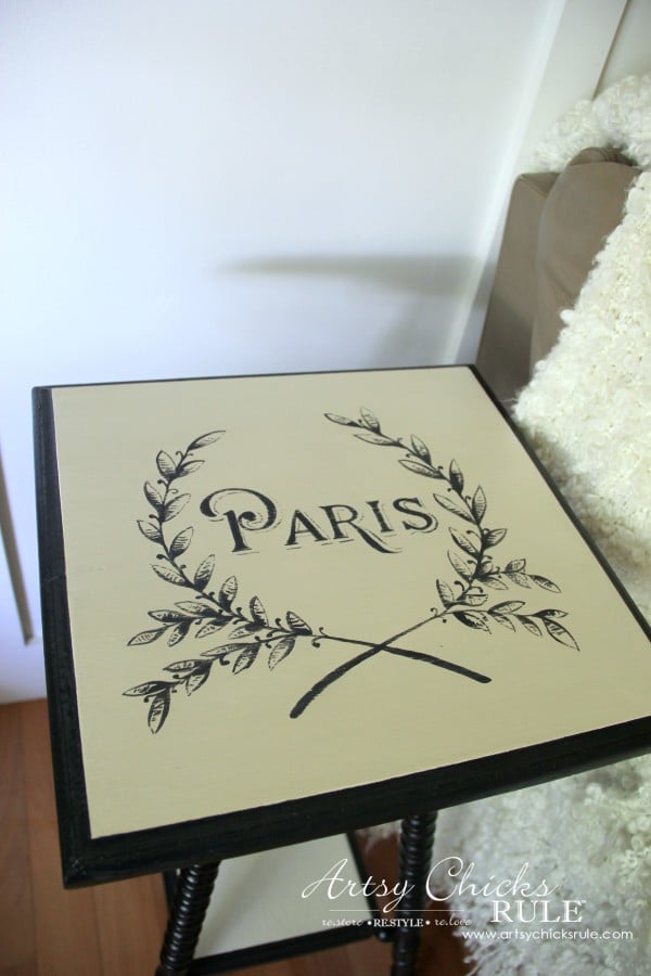 Paris Side Table Makeover - Paris Graphic Top - #paris #makeover #chalkpaint #milkpaint artsychicksrule.com