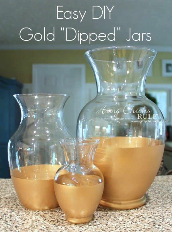 Easy DIY Gold Dipped Jars - Do It Yourself - Thrift Store for 3.50 (compared to retail of 50) - #diy #golddipped artsychicksrule