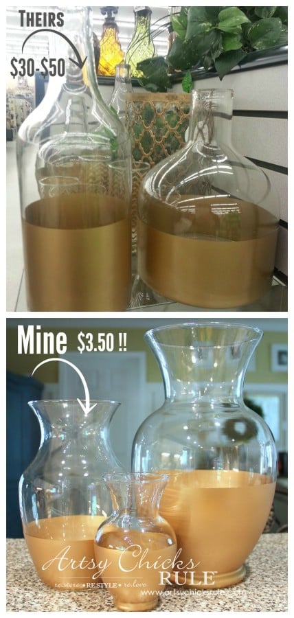 Easy DIY Gold Dipped Jars - Theirs and Mine - Thrift Store for 3.50 (compared to retail of 50) - #diy #golddipped artsychicksrule