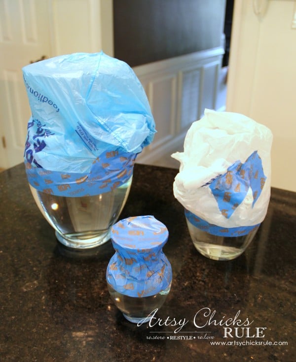 Easy DIY Gold Dipped Jars - plastic bags to protect from paint - Thrift Store for 3.50 (compared to retail of 50) - #diy #golddipped artsychicksrule.com