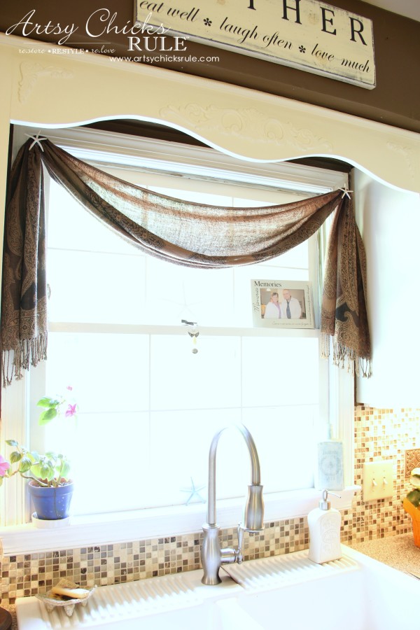 (Simple) Inexpensive Window Treatment Idea -  $10 scarf from World Market & Starfish finial - artsychicksrule