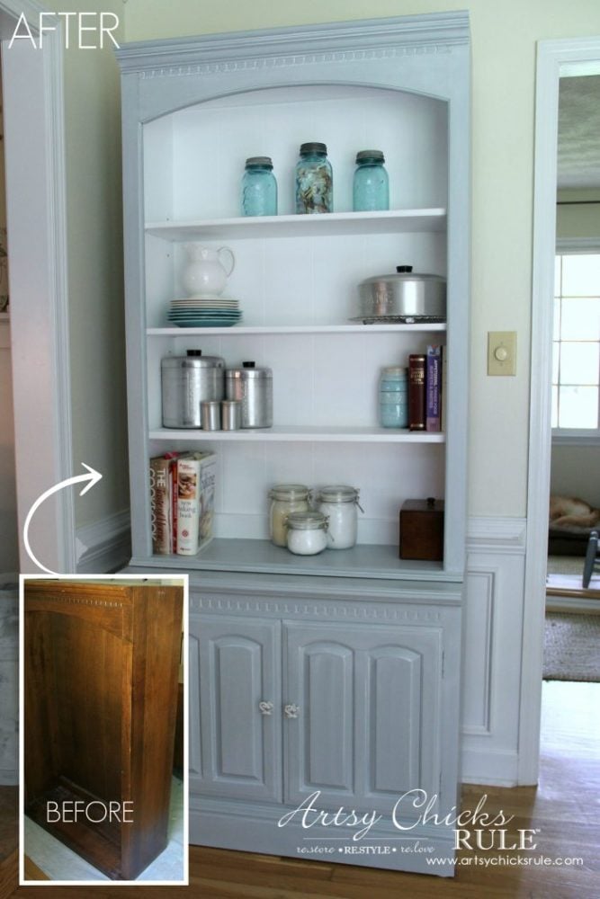 Bookcase Makeover - Coastal Blue with White Glaze - artsychicksrule.com #coastalstyle #bookcasemakeover