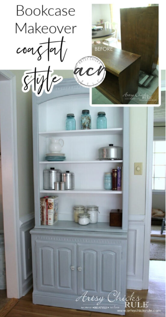 Bookcase Makeover - Coastal Blue with White Glaze - artsychicksrule.com #coastalstyle #bookcasemakeover