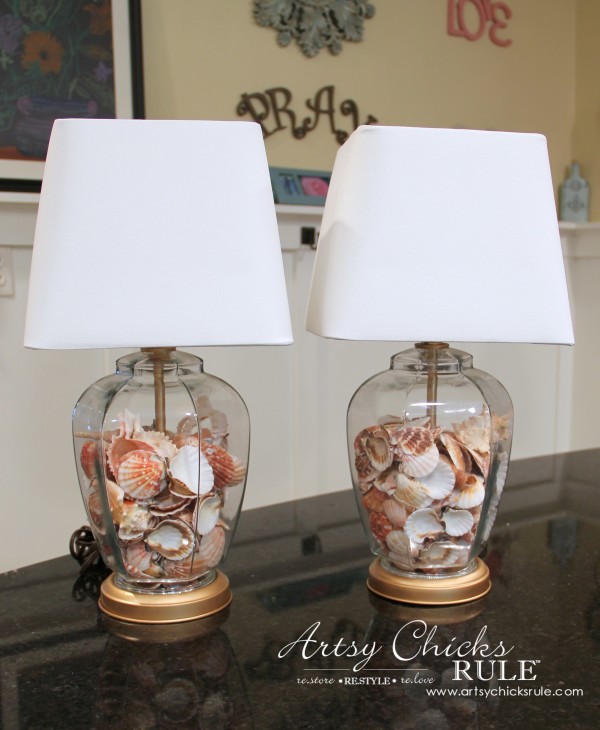 Thrifty Coastal Lamp Makeover - AFTER - New Shades and Shells -artsychicksrule