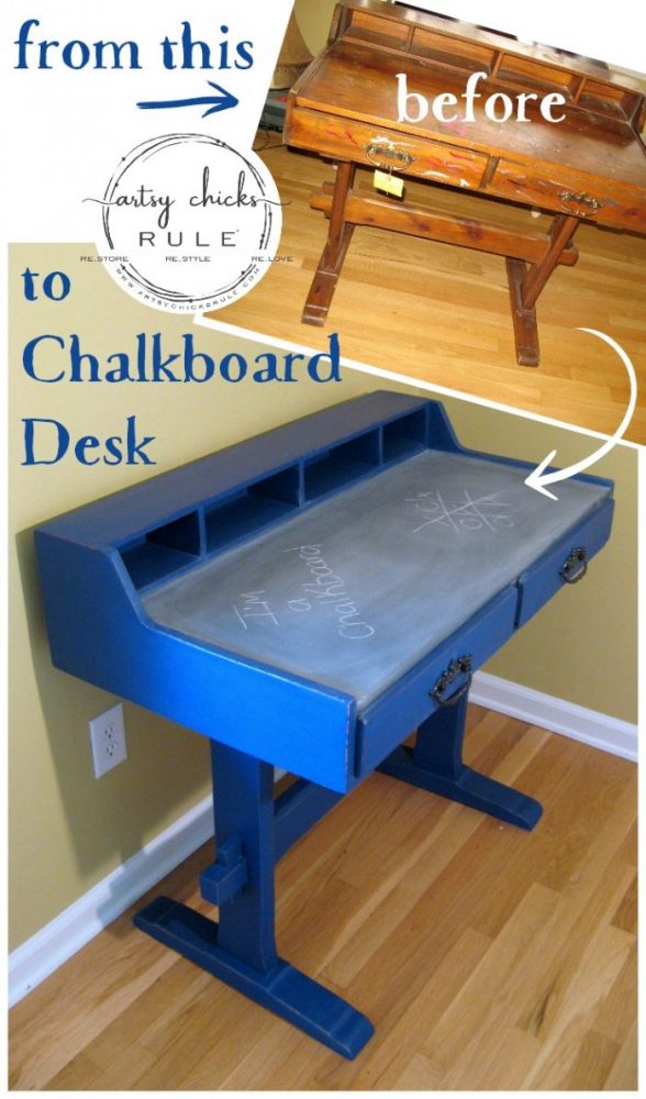 Chalkboard Desk - Make the top of the desk a chalkboard - $10 thrifty find - artsychicksrule #chalkpaint #graphite #napoleonicblue