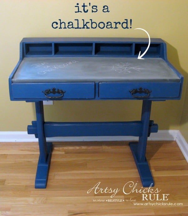 Chalkboard Desk - Cute makeover for kids room - $10 thrifty find - artsychicksrule #chalkpaint #graphite #napoleonicblue