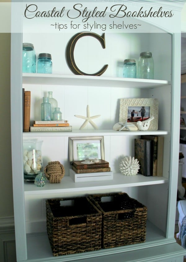 Coastal Styled Bookshelves (Decor Challenge) - easy way to style shelves - #coastaldecor #styling artsychicksrule