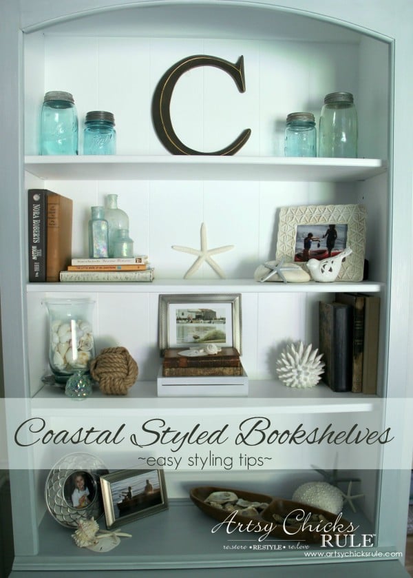 Coastal Styled Bookshelves (Decor Challenge) - how to style shelves - #coastaldecor #styling artsychicksrule