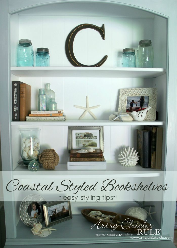 Coastal Styled Bookshelves (how to style shelves)