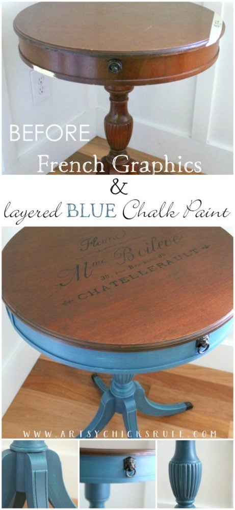 3 Different BLUES!! French Styled Side Table Makeover - artsychicksrule.com #aubussonblue #layeredchalkpaint #frenchtable #frenchgraphics #paintedfurniture #bluefurniture #chalkpaint 
