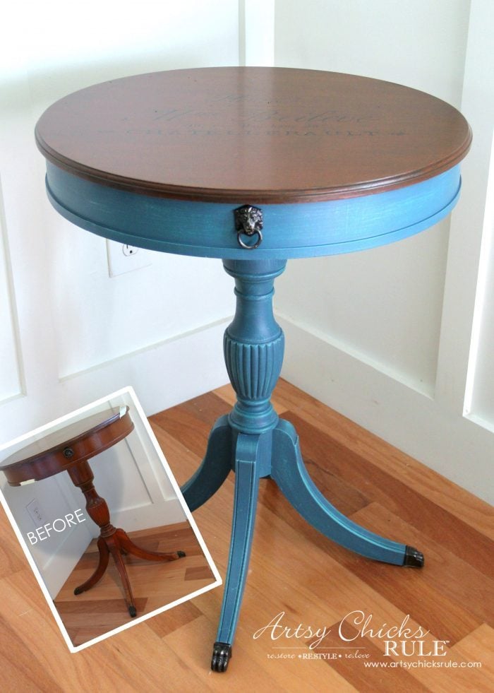 3 Different BLUES!! French Styled Side Table Makeover - artsychicksrule.com #aubussonblue #layeredchalkpaint #frenchtable #frenchgraphics #paintedfurniture #bluefurniture #chalkpaint 