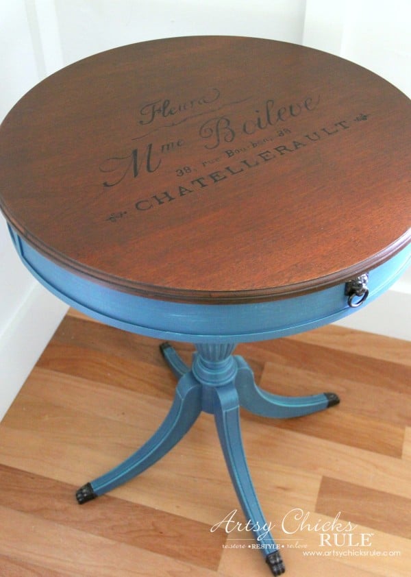 3 Different BLUES!! French Styled Side Table Makeover - artsychicksrule.com #aubussonblue #layeredchalkpaint #frenchtable #frenchgraphics #paintedfurniture #bluefurniture #chalkpaint 