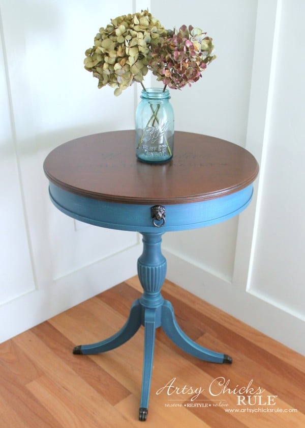 3 Different BLUES!! French Styled Side Table Makeover - artsychicksrule.com #aubussonblue #layeredchalkpaint #frenchtable #frenchgraphics #paintedfurniture #bluefurniture #chalkpaint 