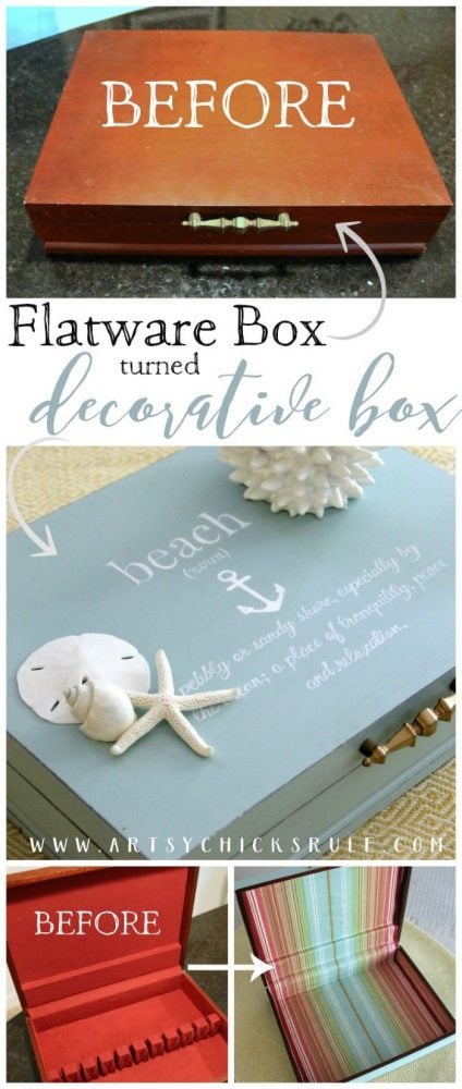 Thrifted Flatware Box Makeover!! - Like NEW decor thrifty - artsychicksrule.com #flatwarebox #beachbox #beachdecor #repurposed