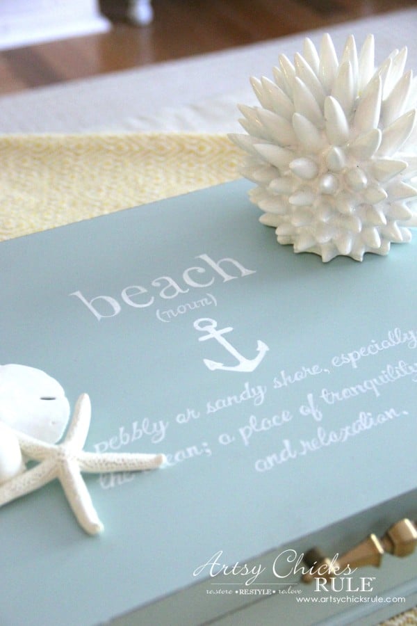 blue box with seashells and beach quote