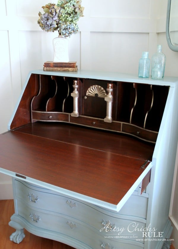 Secretary Desk Makeover (Chalk Paint® by Annie Sloan) - AFTER Inside 1 - #duckeggblue #sp #chalkpaint artsychicksrule.com