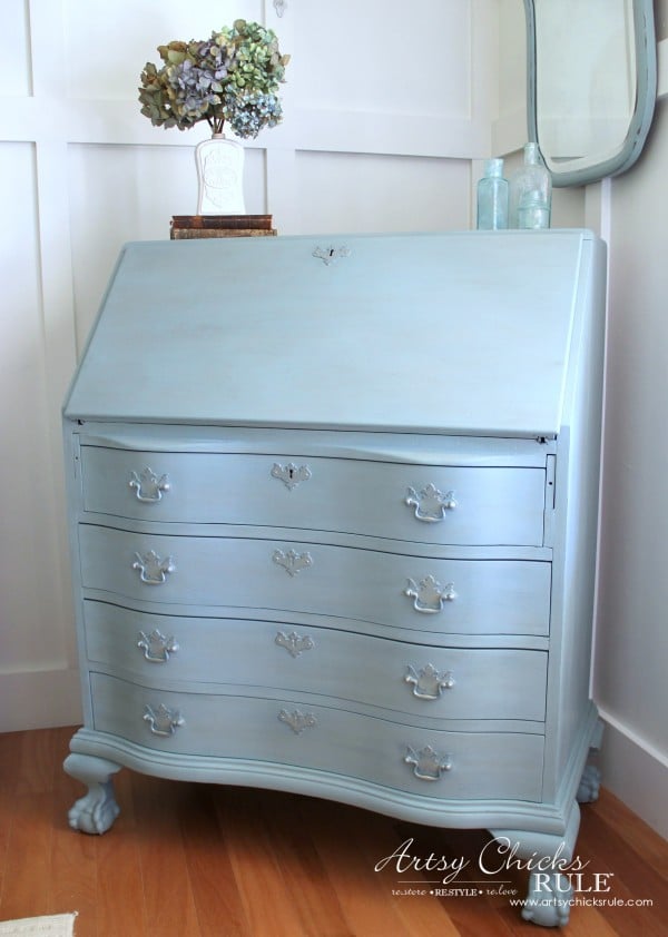 Secretary Desk Makeover (Chalk Paint® by Annie Sloan) - AFTER Side - #duckeggblue #sp #chalkpaint artsychicksrule.com