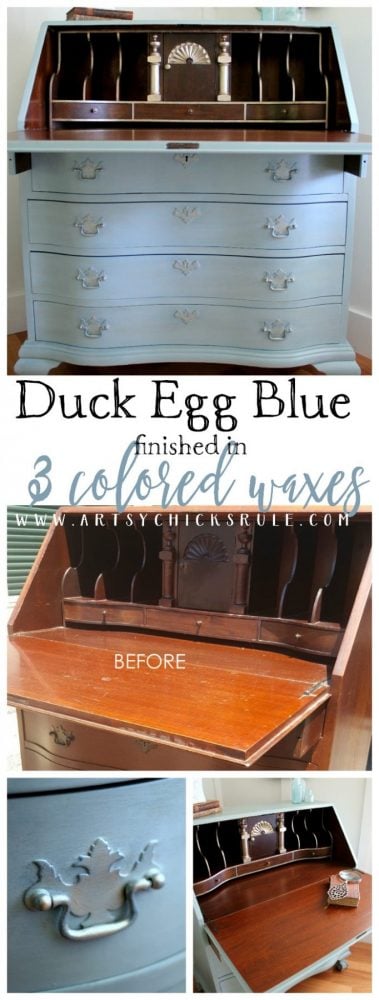 3 Colored Waxes Make This Great! Secretary Desk Makeover (Chalk Paint by Annie Sloan) artsychicksrule.com #duckeggblue #chalkpaint #paintedsecretary 