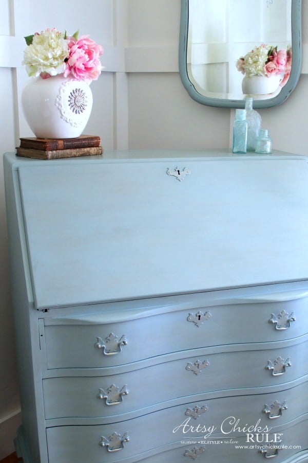 Secretary Desk Makeover (Chalk Paint® by Annie Sloan) - AFTER up close - #duckeggblue #sp #chalkpaint artsychicksrule