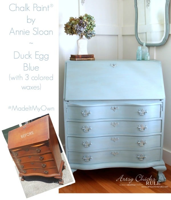 Secretary Desk Makeover (Chalk Paint® by Annie Sloan) - Before and After - #duckeggblue #sp #chalkpaint artsychicksrule.com