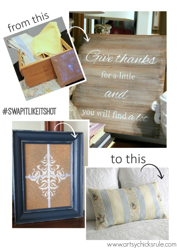 A Faux Weathered Sign, No Sew Pillow and Fancy Corkboard - Swap It Like It's Hot Challenge - artsychicksrule