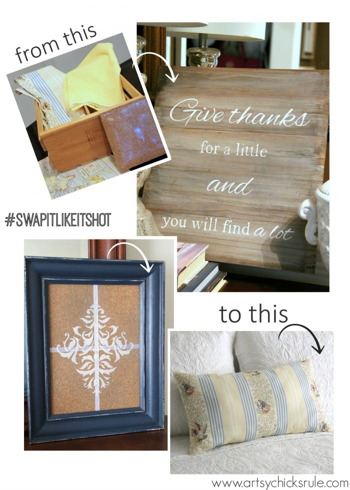 A Faux Weathered Sign, No Sew Pillow & Fancy Cork Board (Swap It Challenge)