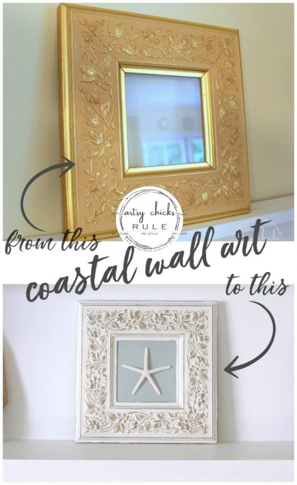 Thrifty Frame Repurposed to COASTAL ART! artsychicksrule.com #coastalwallart #coastalstyle #coastaldecor #walldecor #diyhomedecor #diycoastalcrafts #starfishwallart #thriftymakeover