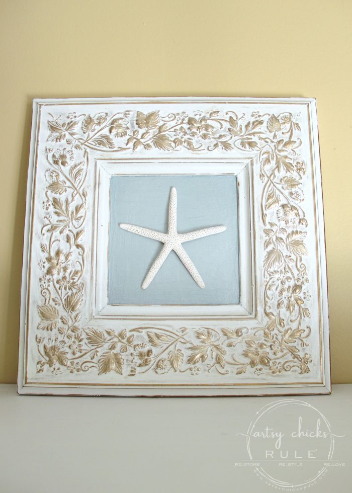 Thrifty Frame Repurposed to COASTAL ART! artsychicksrule.com #coastalwallart #coastalstyle #coastaldecor #walldecor #diyhomedecor #diycoastalcrafts #starfishwallart #thriftymakeover