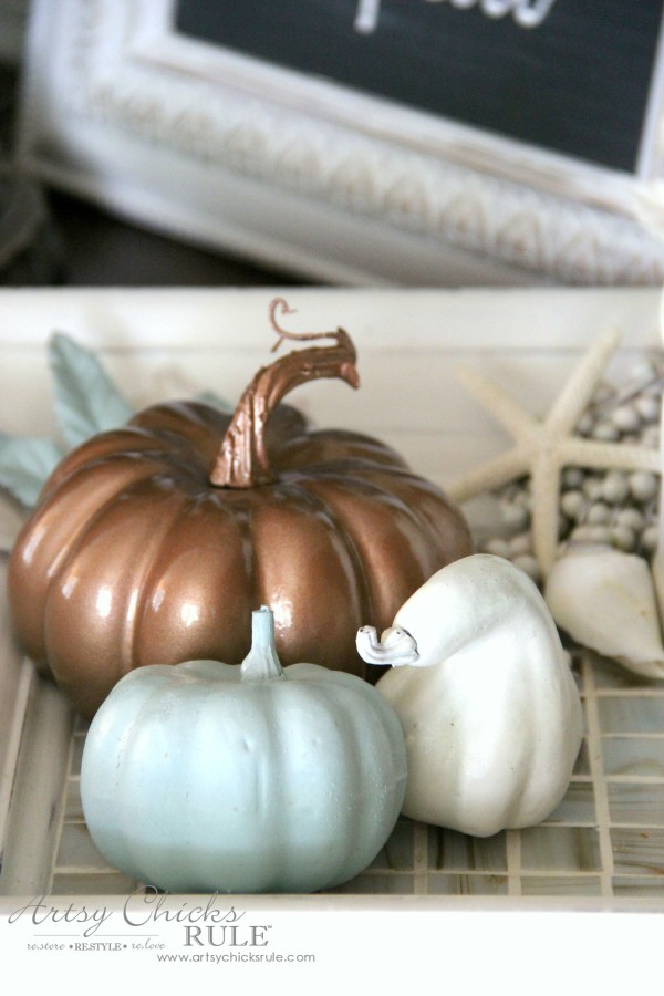 Welcoming Fall Foyer - Neutral Coastal Decor - Spray Painted Pumpkins - artsychicksrule