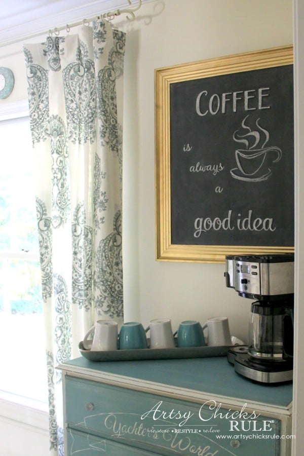 Chalkboard (repurposed framed print) to Coffee Bar Menu Board - COFFEE BAR SETUP - artsychicksrule #chalkboard #coffeebar