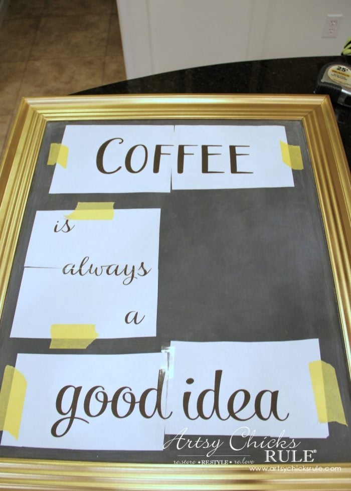 Chalkboard (repurposed framed print) to Coffee Bar Menu Board - TRANSFERRING LETTERING - artsychicksrule #chalkboard #coffeebar