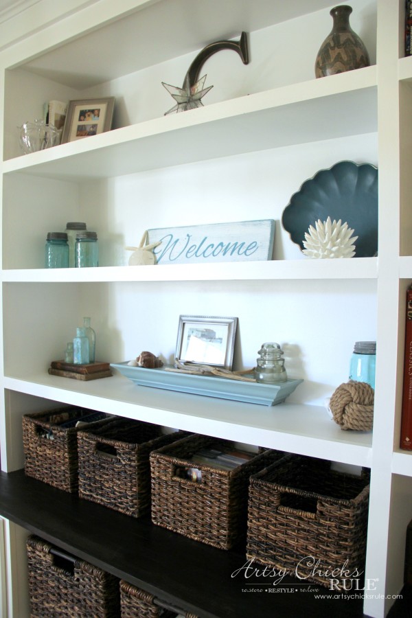 DIY Built-In Bookcase Wall - Baskets from Target - artsychicksrule #bookcase #diy