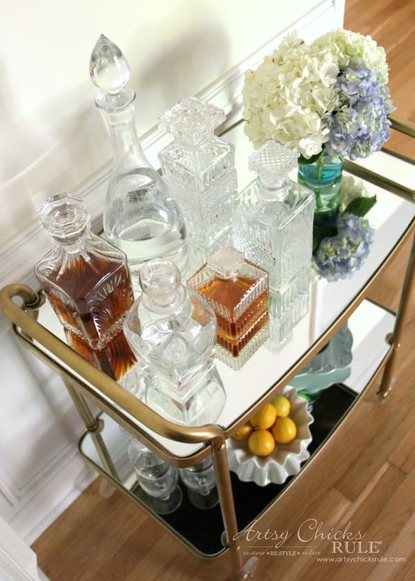 Beverage Cart Goes Glam (Trash to Treasure) - AFTER with mirrored shelves - artsyhchicksrule #beveragecart