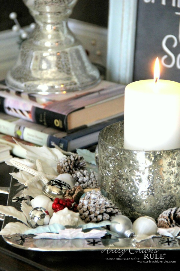 Coastal Christmas Foyer - Shells, pine cones and mercury glass - artsychickrule.com #Christmasdecor #coastalChristmas