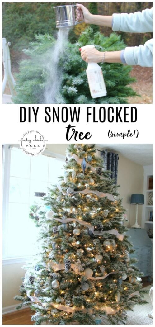 DIY Flocked Tree- Simple Technique! - artsychicksrule.com #snowflockedtree #howtoflocktree #snowflocking #diyflockedtree