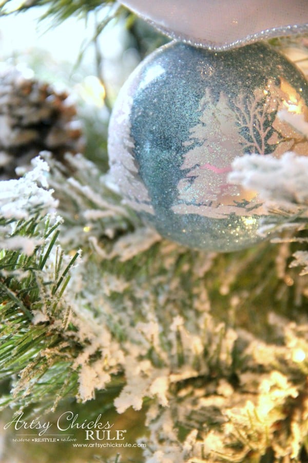 DIY Flocked Tree, Wreaths - Thrifty Holiday Decor! - Pretty Aqua Ornament - #artsychicksrule #flockedtree