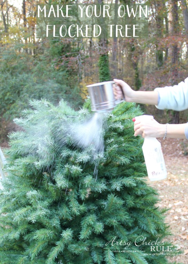 DIY Flocked Tree, Wreaths - Thrifty Holiday Decor! - apply flock to tree - #artsychicksrule #flockedtree