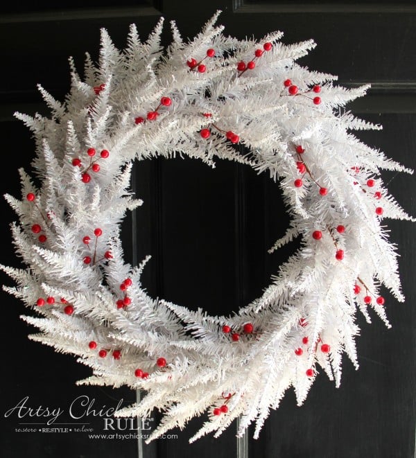 Red and White Christmas Wreath - thrifty find made over - Berries were .49 - artsychicksrule.com #redandwhitewreath