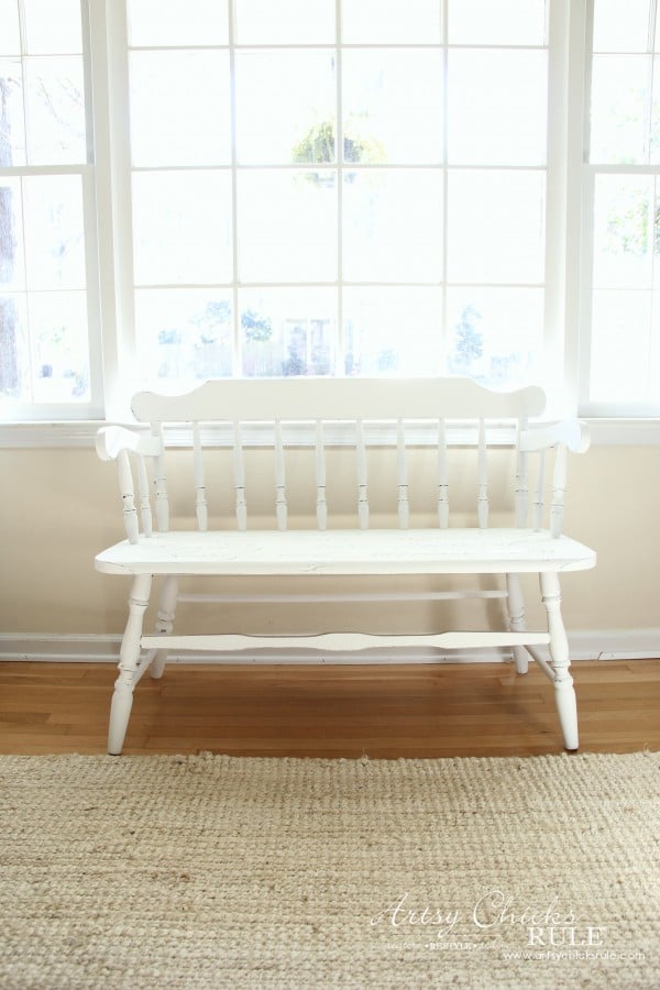 French Poem White Bench Makeover - After Front - #frenchfurniture #whitebench #makeover artsychicksrule