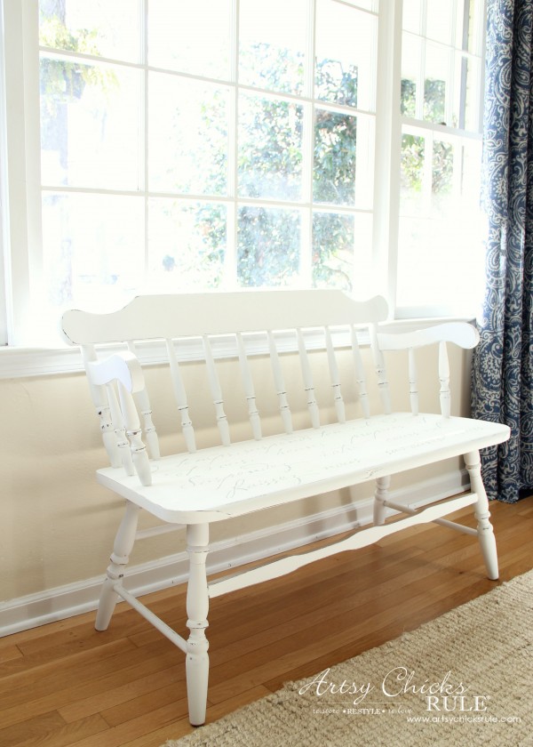 French Poem White Bench Makeover - After Side - #frenchfurniture #whitebench #makeover artsychicksrule