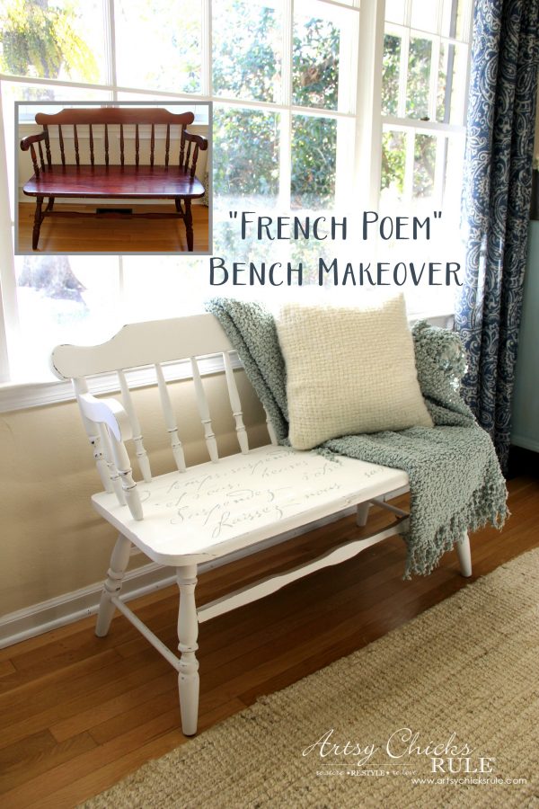 French Poem White Bench Makeover - Before and After - #frenchfurniture #whitebench #makeover artsychicksrule