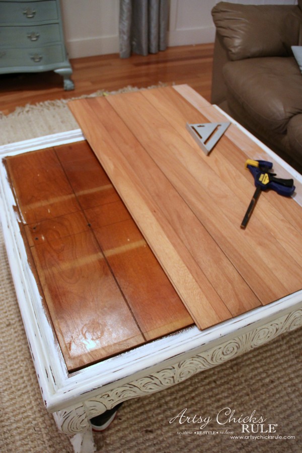 Coffee Table Makeover Using Old Flooring - measuring - artsychicksrule #coffeetable