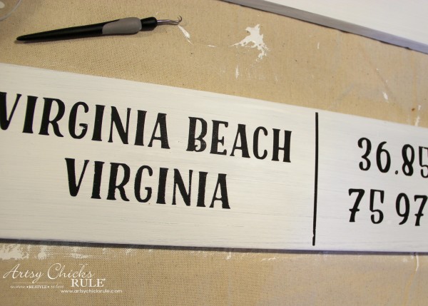 DIY Coordinates Sign - vinyl lettering removed revealing black letters - artsychicksrule #silhouette #diy #sign #coastaldecor