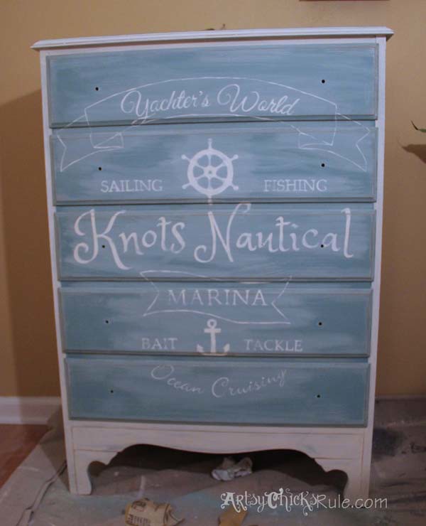 Thrift Store Dresser - Custom Graphics- Old White Pure White Chalk Paint Blend with Provence - Sanded and Distressed