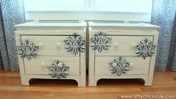 Aubusson Blue Stenciled Thrift Store Night Stand Makeover {Chalk Paint} - after front - artsychicksrule