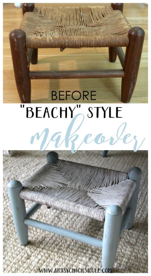 Beachy Footstool Makeover - BEACHY STYLE MAKEOVER - artsychicksrule #coastaldecor