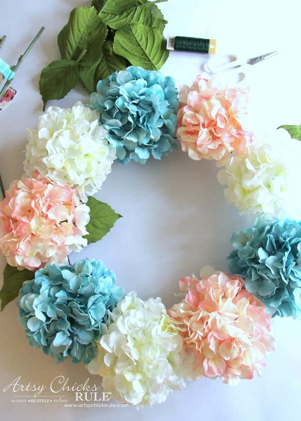 DIY Hydrangea Wreath - Adding Leaves -DIY Hydrangea Wreath - Colorful Spring Wreath - artsychicksrule.com #hydrangeawreath #springwreath