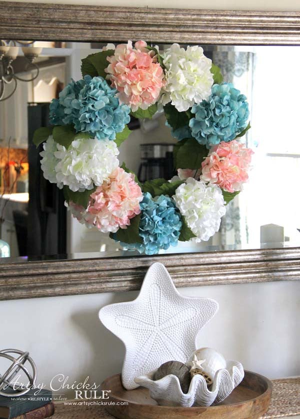 hydrangea wreath hanging on mirror