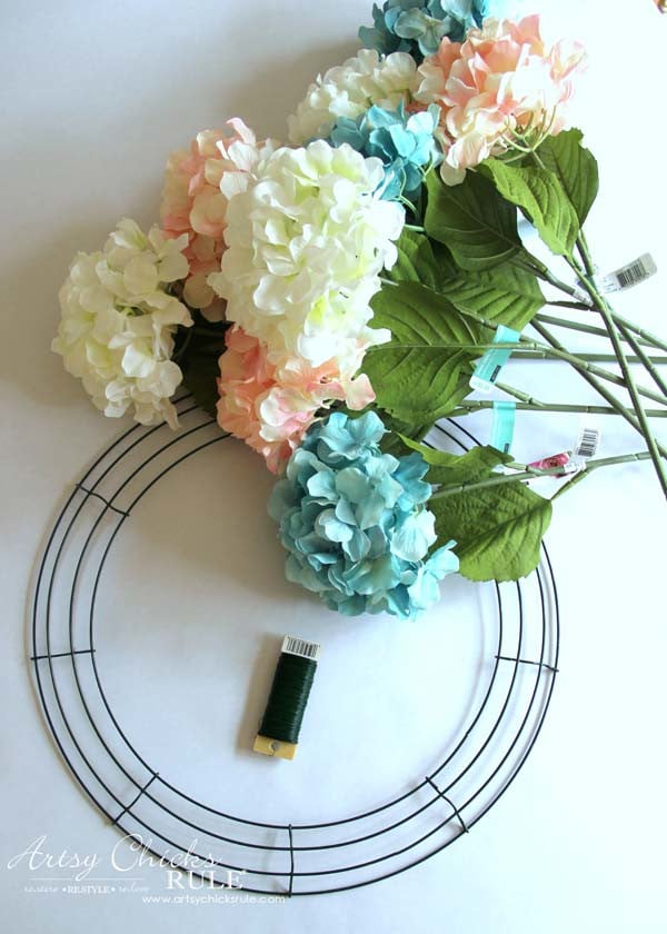 white, blue and pink faux hydrangeas, wire wreath